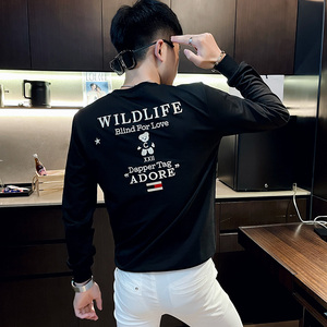 WY74 秋装社会精神小伙修身卫衣男套头衫 黑1图片