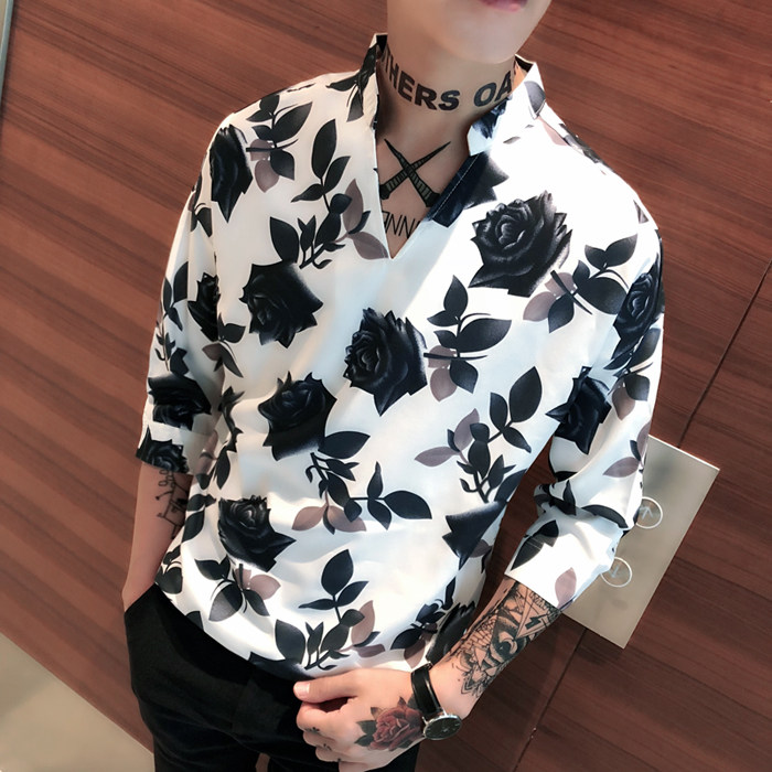 社会小伙印花套头V领五分袖衬衫花衬衣 A343-CS16-P58图片