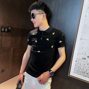 2021新款社会小伙修身印花短袖polo衫A343-PL55-P45控65黑