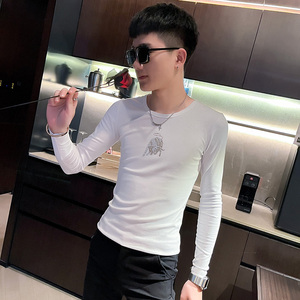 T 秋季社会小伙修身打底衫长袖T恤男潮流 白1图片