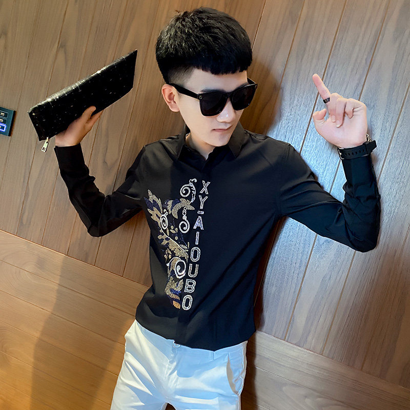 秋装社会精神小伙烫钻长袖衬衫男衬衣黑CS137-P65,男装衬衫,电商A343