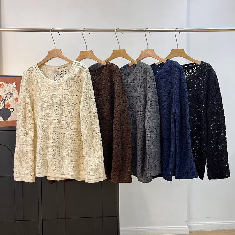 外贸女装镂空长袖宽松蕾丝衫外穿圆领棉勾花阔版小衫中长款罩衫