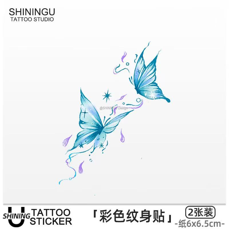 KG蓝色双蝶锁骨手臂小清新彩色纹身贴女防水不反光高颜值贴纸可洗