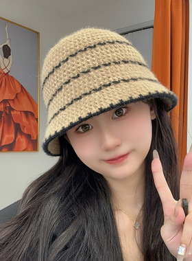 针织渔夫帽子女秋冬季日系条纹显脸小百搭盆帽保暖护耳毛线水桶帽