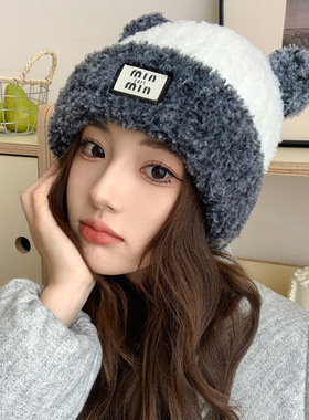 熊耳朵毛绒帽子女冬季韩版显脸小加厚保暖护耳针织冷帽防寒毛线帽