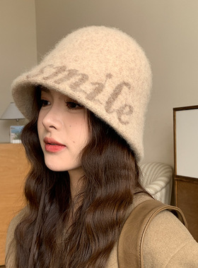 羊羔绒渔夫帽子女秋冬季韩版字母百搭保暖护耳盆帽时尚洋气水桶帽