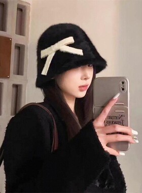 百搭网红氛围感甜美蝴蝶结兔毛水桶渔夫帽子女秋冬保暖2024年新款