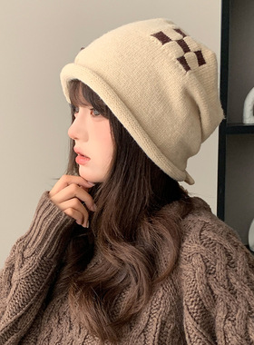 针织抽绳堆堆帽子女春秋韩版卷边保暖护耳睡帽大头围棋盘格毛线帽