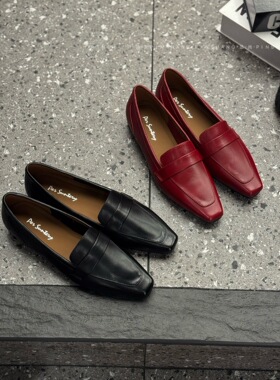 2026新款真皮女鞋方头平底舒适乐福鞋百搭轻便时尚女单鞋73368