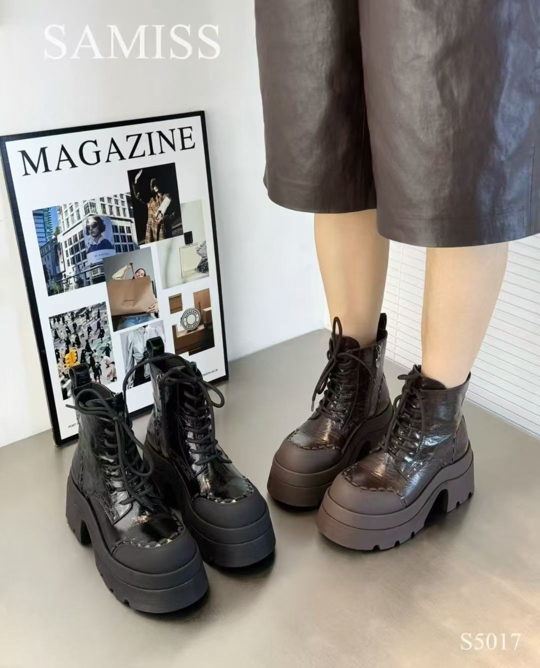 欧洲站2025新款真皮8cm女鞋休闲圆头厚底增高女马丁靴时尚百搭