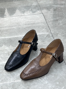 珀莱丽2025新款真皮女鞋休闲舒适方头粗跟玛丽珍鞋女单鞋55350