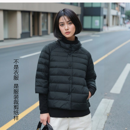 1;1DIY纸样轻薄羽绒服女短款七分袖中袖短袖外套手工