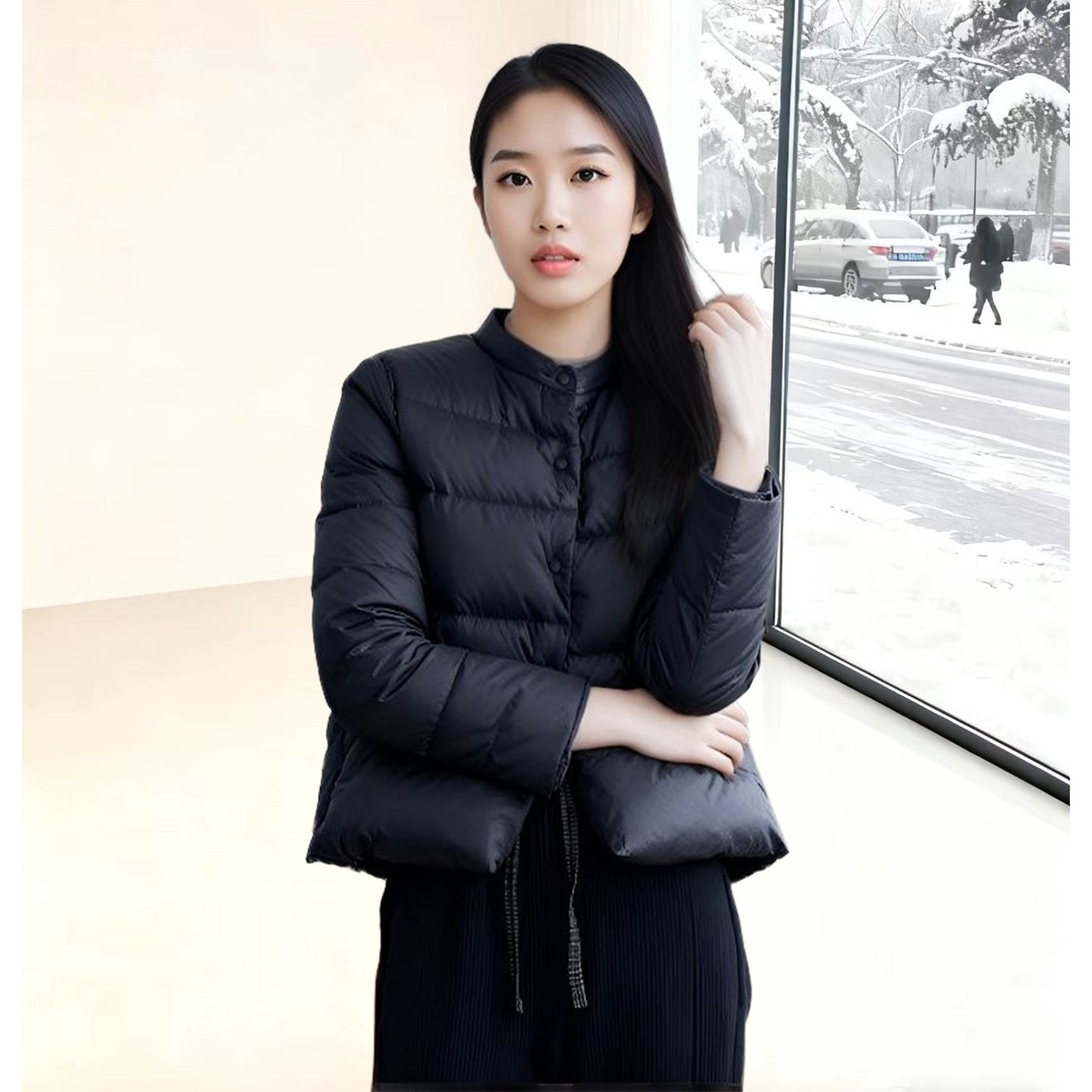 黑色短款羽绒服女立领长袖面包服常规版型小个子保暖外套冬季新品