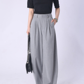 垂坠宽松休闲 女夏新高腰阔腿裤 高级感灰色天丝羊毛西装 面料直筒裤