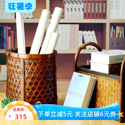 竹编字画收纳筐卷轴桶手工纺织