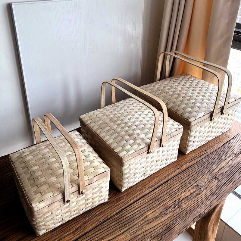 粉宅手工编竹篮礼盒带盖子和提手