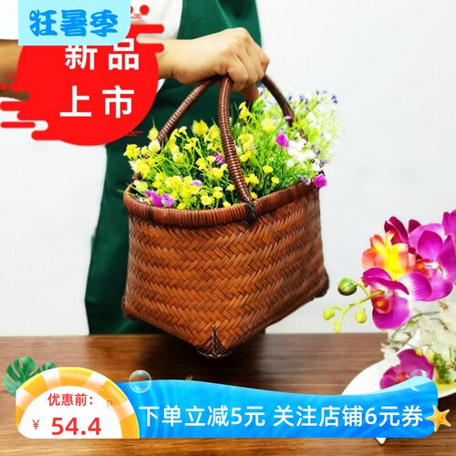 粉宅竹编提篮复古中式手工编