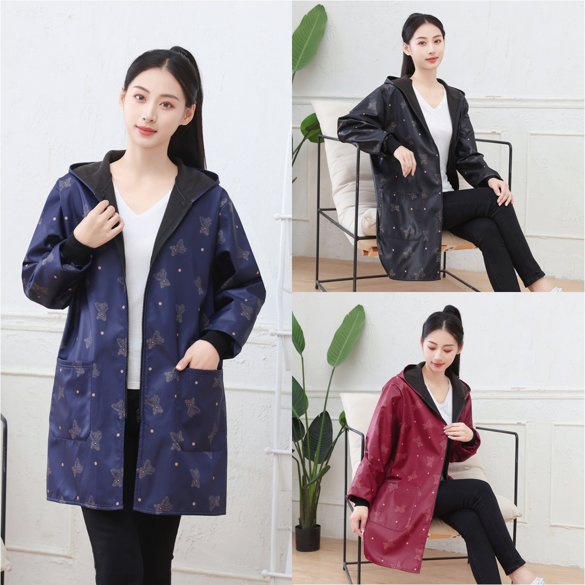 防水防油罩衣成人女秋冬新款防尘工作服厨房外穿长袖拉链围裙外穿