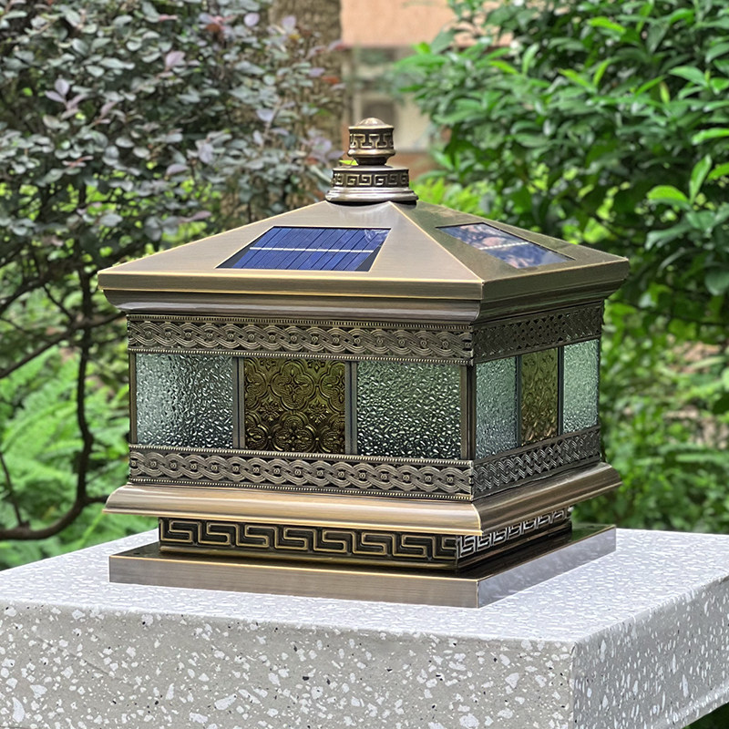 户外太阳能柱头灯 全铜防水庭院灯别墅门柱门垛古典围墙小院高亮