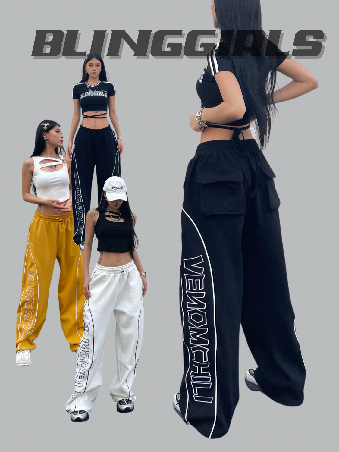 blinggirls拽酷宽松辣妹爵士运动百搭刺绣长裤