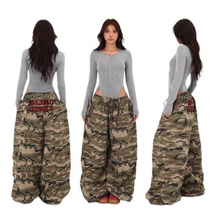 BLINGGIRLS美式复古迷彩女2025新款爵士印花流行显瘦阔腿裤工装裤