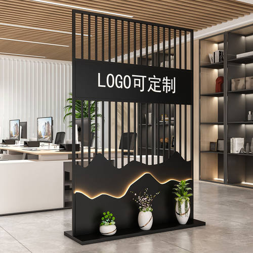 办公室铁艺玻璃隔断玄关屏风简约公司竖条镂空装饰前台进门形象墙