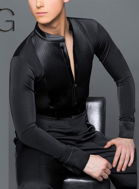 新款摩登舞长袖弹力上衣拉丁国标舞蹈练功服男士交谊跳舞演出衬衣