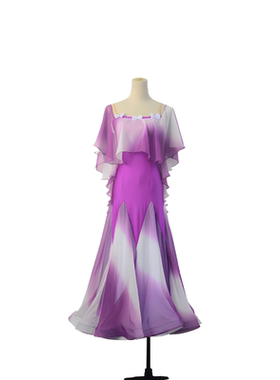 摩登舞练功服女春夏新款交谊舞红蓝渐变雪纺修身小鱼骨大摆连衣裙