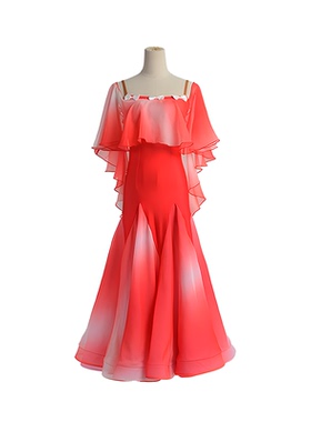 摩登舞练功服女春夏新款交谊舞渐变色雪纺修身小花朵大摆连衣裙