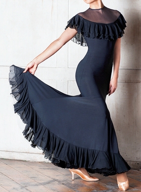 异国2017新款小领口无袖荷叶大摆摩登舞交谊舞练习连衣裙W17003