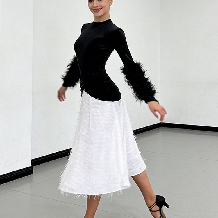 专业摩登舞练功服女成人新款修身丝绒连衣裙绒毛裙华尔兹表演服装