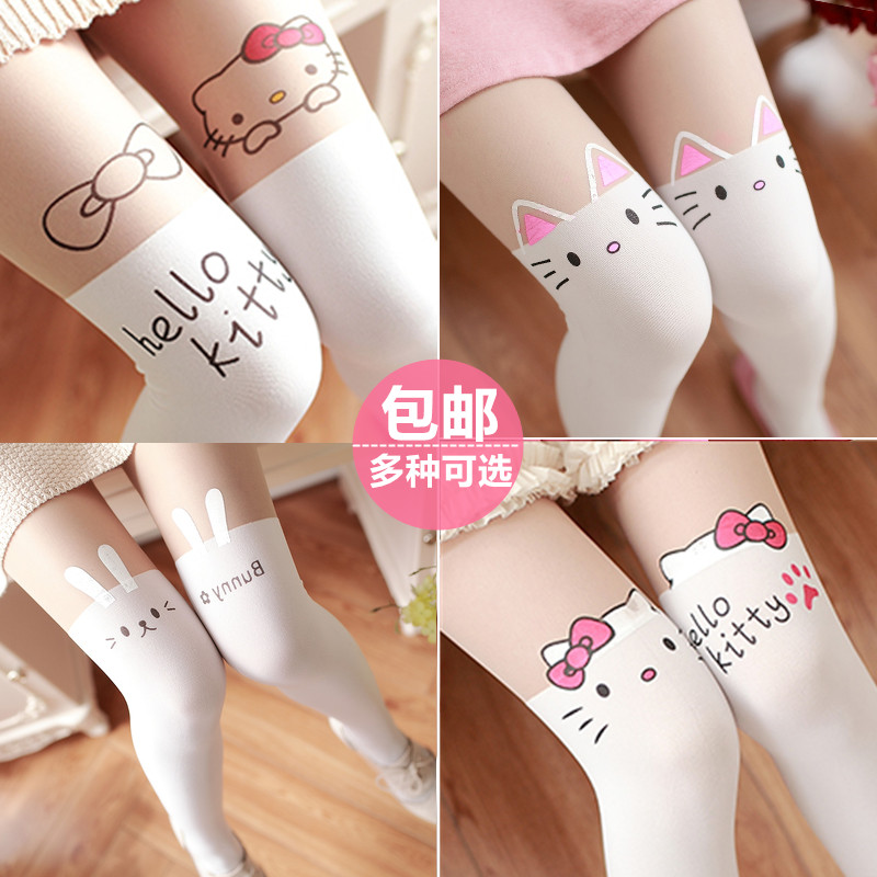 1件包邮日系hellokitty凯蒂猫软萌妹假大腿长筒过膝黑白连裤丝袜