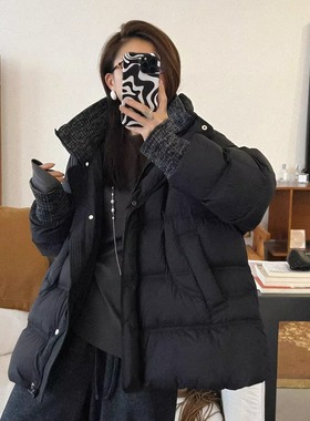 90白鸭绒针织拼接韩版舒适蓬松加厚连帽羽绒服冬新款女中长款外套