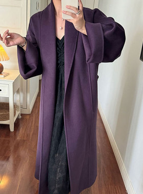 绵羊毛双面呢手工浴袍系带中长款大衣女装秋冬季新款韩版紫色外套