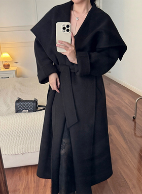 经典黑色大翻领羊绒羊毛大衣双面呢手工系带中长款外套女秋冬新款