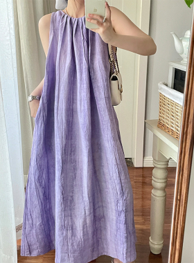 立裁工艺亚麻背心连衣裙女装2024夏季新款宽松慵懒无袖中长款裙子