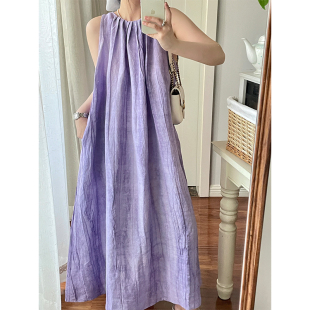 中长款 立裁工艺亚麻背心连衣裙女装 宽松慵懒无袖 新款 裙子 2024夏季