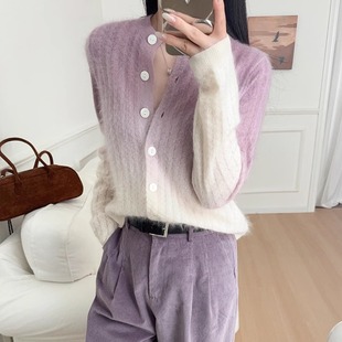 秋新款 杨采钰同款 毛衣短外套女装 紫色渐变羊毛休闲风简约针织开衫