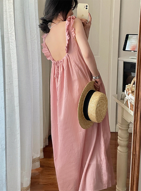 苎麻后背抽绳式连衣裙女装2024春夏新款设计感荷叶边宽松中长款裙