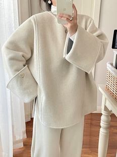 全羊毛双面呢宽边翻袖 气质外套 开衩设计感阔型套头大衣女秋冬新款