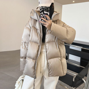 90白鸭绒光泽云朵泡芙连帽韩版中长款羽绒服女装冬季新款加厚外套