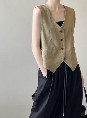 亚麻V领马甲背心女装2024秋新款老钱风休闲气质无袖马夹短款上衣
