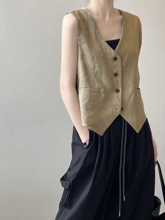 亚麻V领马甲背心女装2024秋新款老钱风休闲气质无袖马夹短款上衣