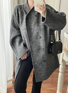 设计感双面毛呢中长款大衣女秋冬新款立领桑蚕丝灰色澳洲羊毛外套