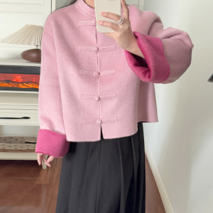 新中式国风粉色盘扣绵羊毛双面呢手工大衣短款外套女2025早春新款