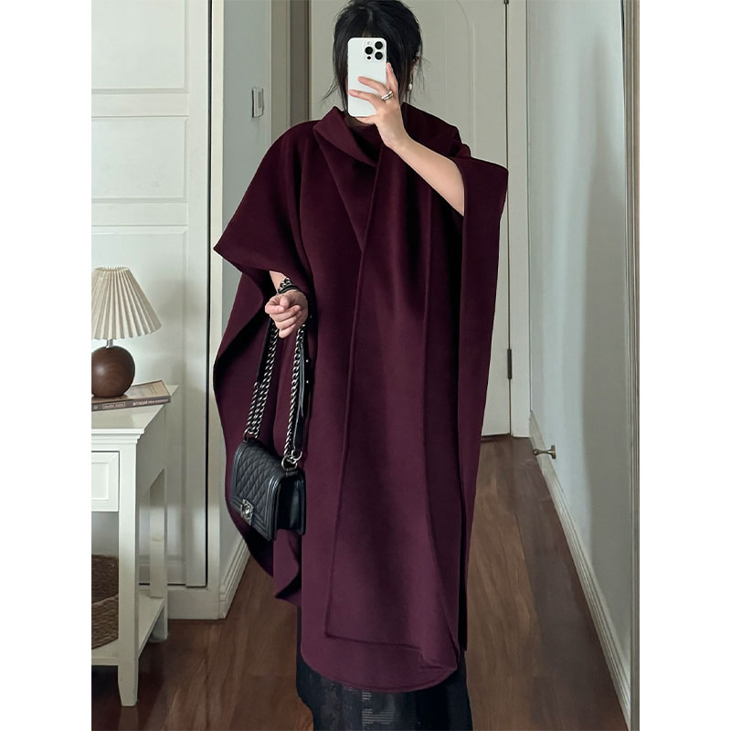 绵羊毛围巾领斗篷大衣女