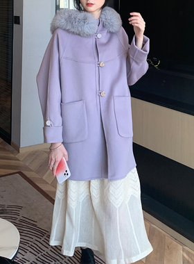紫色狐狸毛领连帽双面呢大衣女2024秋冬新款宽松气质羊毛呢子外套