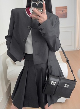 羊毛撞色毛织圆领西服短外套宽松箱型上衣百褶半裙灰色套装女新款