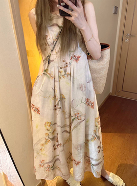 植物印染苎麻背心连衣裙女2024夏新款宽松无袖设计感显瘦中长裙子