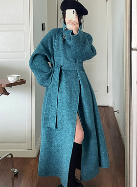 蓝屿海湾羊毛长款手工双面呢大衣冬新款蓝色系带斗篷大摆外套女